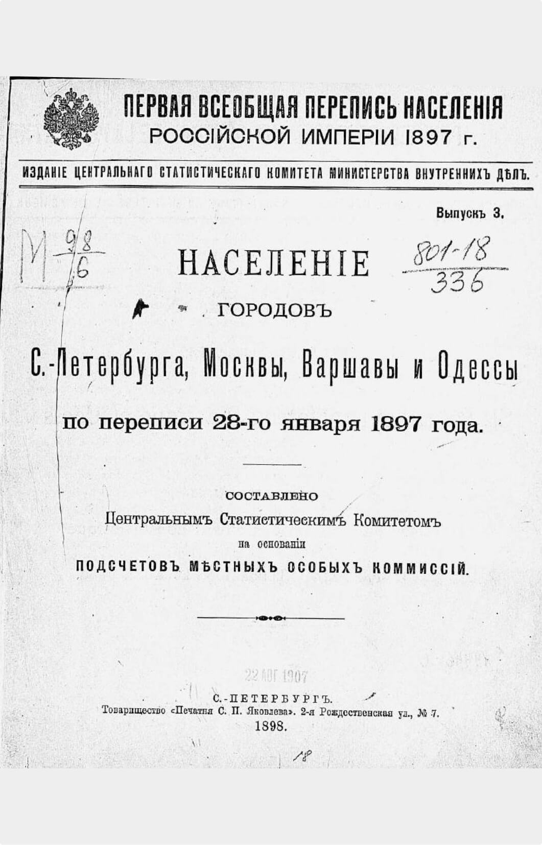 Первая всеобщая перепись населения Российской империи, 1897 года. Население городов С.-Петербурга, Москвы, Варшавы и Одессы по переписи 28-го января 1897 года