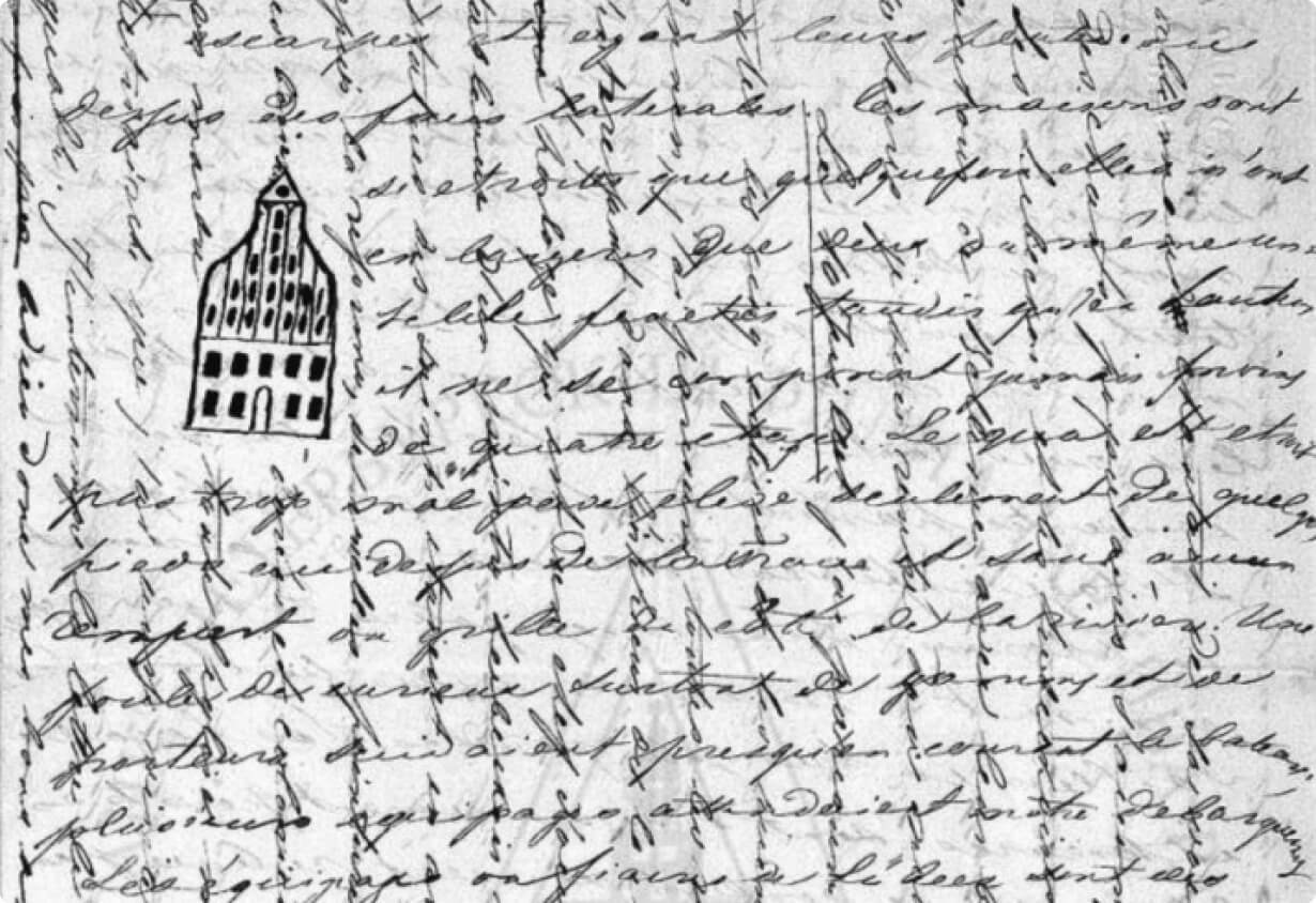 Фрагмент 30-страничного письма сестре, написанного крест-накрест, в котором Петр Петрович описывает своё путешествие по Европе