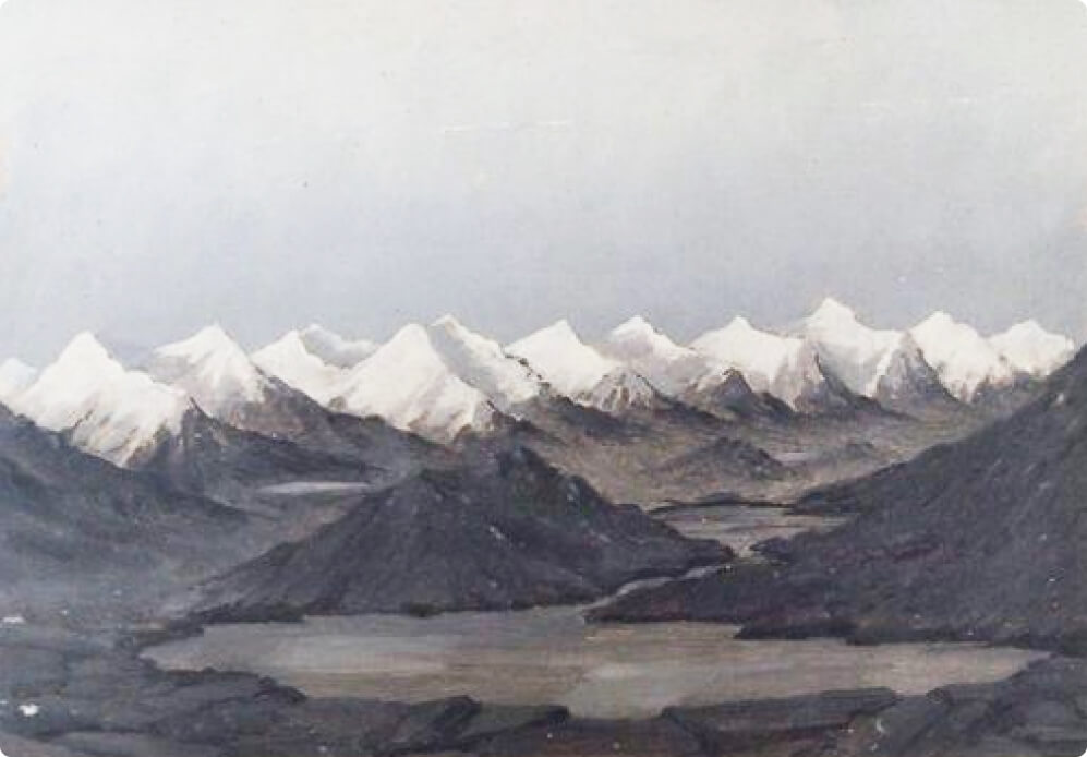Вид на последнее дефиле Водкинского прохода в Кашгарии с пл. ледяных озер на вершине Кашкасу (на 11000 футов высоты). Рисунок П. М. Кошарова, 1857