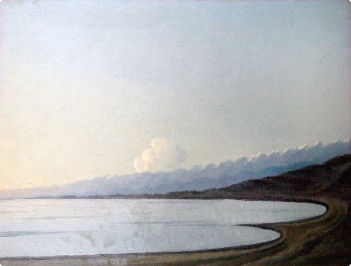 Южный берег озера Исык-Куль с горою Биршбош и частью «Небесного хребта». Картина П. М. Кошарова, 1857