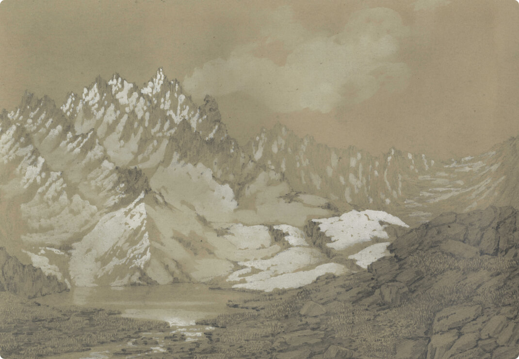 Истоки реки Курменты. Курментинский горный проход в Кунгей-Алатауском хребте к озеру Иссык-Кулю. Из альбома П. М. Кошарова к путешествию П. П. Семёнова на Тянь-Шань, 1857