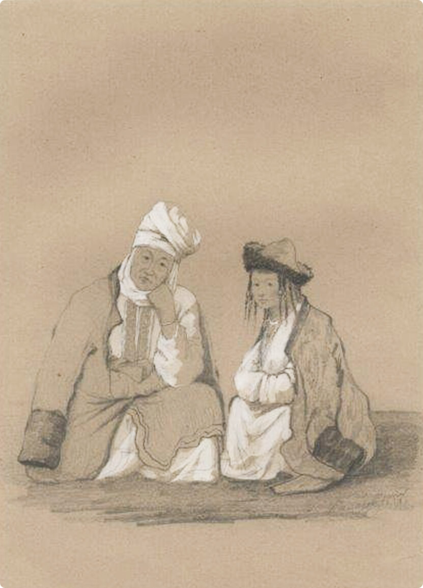 Альма, старшая жена Манапа Бурамбая и его дочь Джузюм. Из альбома П. М. Кошарова к путешествию П. П. Семенова на Тянь-Шань, 1857.