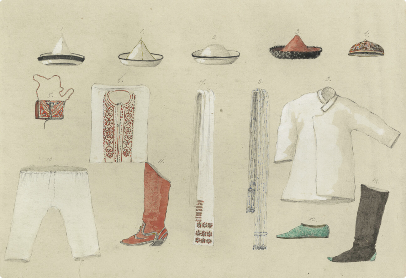 Предметы обихода и одежды киргизов Большой орды. Из альбома П. М. Кошарова к путешествию П. П. Семенова на Тянь-Шань, 1857